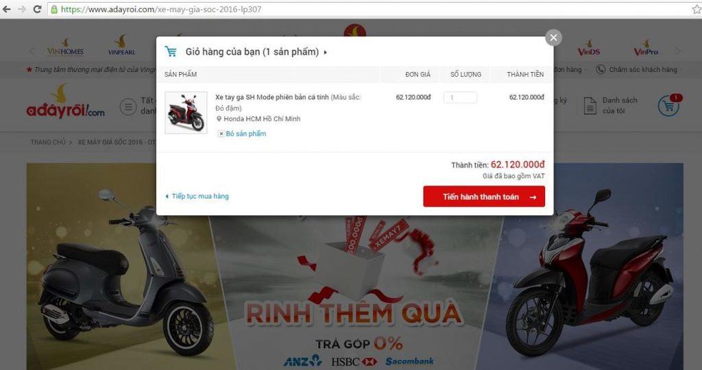 Chọn sản phẩm muốn mua trả góp vào giỏ hàng