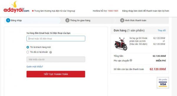 Nhập thông tin tài khoản mà Adayroi yêu cầu khi mua trả góp xe máy