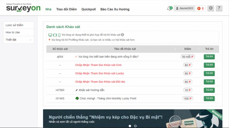 Khảo sát kiếm tiền với Surveyon